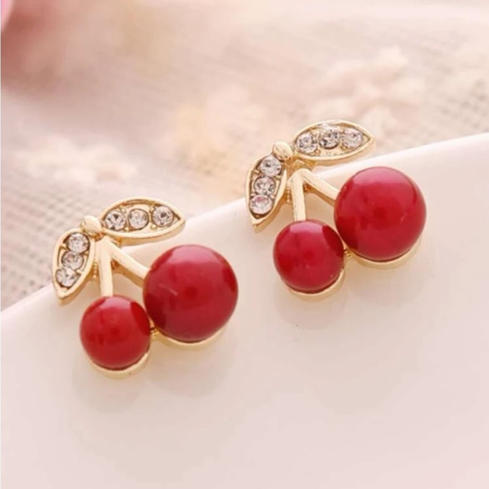 NEW Gold Rhinestone Red Cherry Earrings